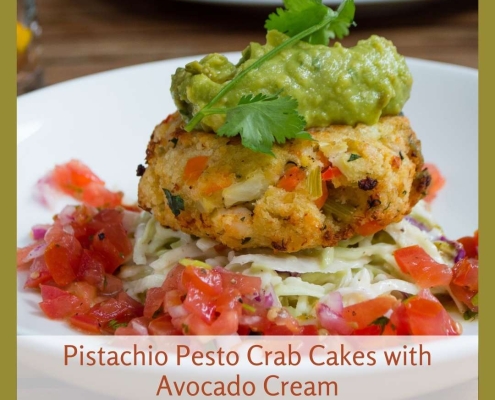 Pistachio Pesto Crab Cakes with Avocado Cream