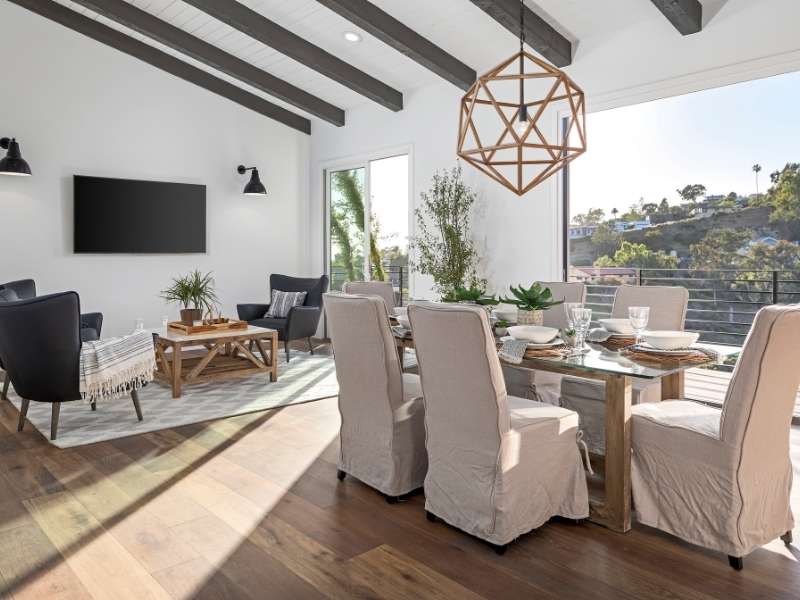 modern dining room that is bold and striking with a magnificent chandelier