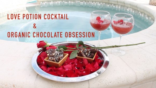 Recipes for Valentine's Day gin cocktail Love Potion and organic chocolate nut bark