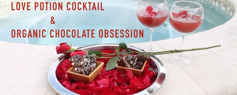 Recipes for Valentine's Day gin cocktail Love Potion and organic chocolate nut bark