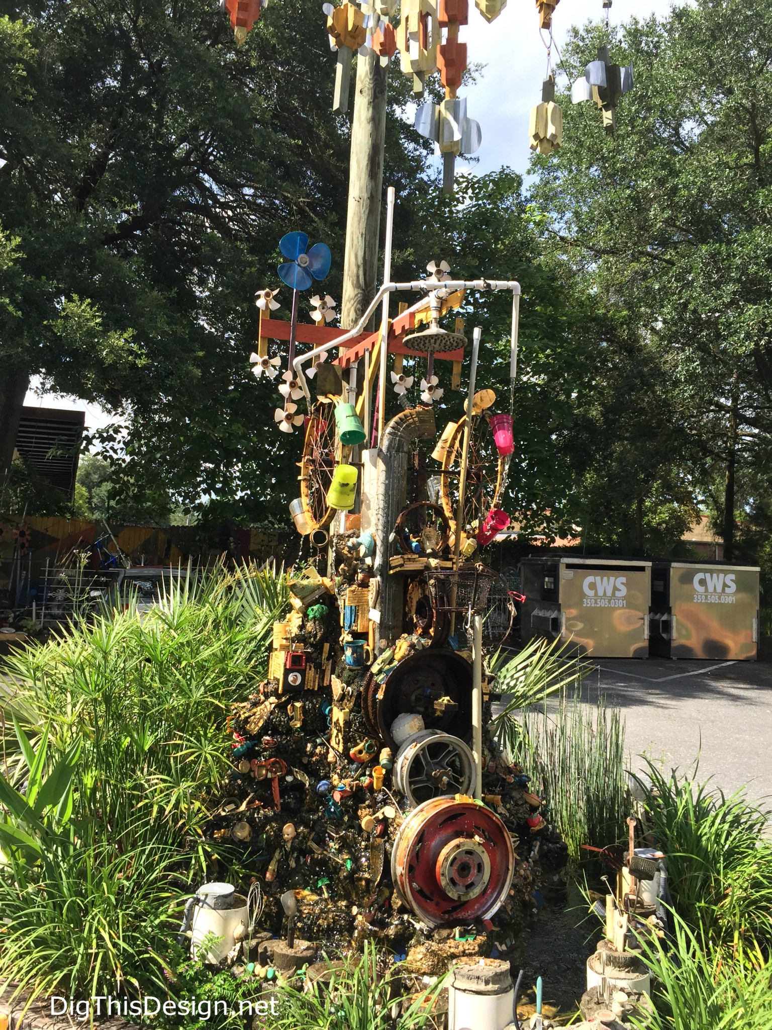 Satchel's outdoor garden Junk Art sculture made from repurposed, reused, and upcycled vintage items