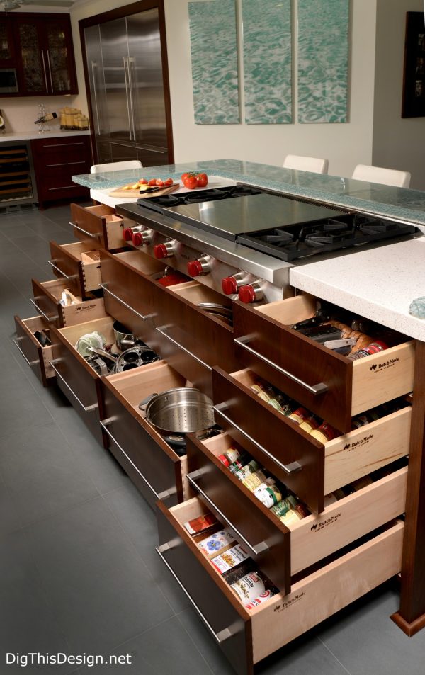 kitchen island drawer storage in a soft contemporary kitchen interior design