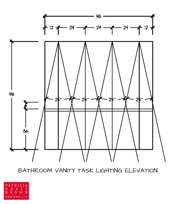 calculated lighting design plan elevation with symbols for task can light placement on ceiling with light angle beam spreads for LED recessed lamps