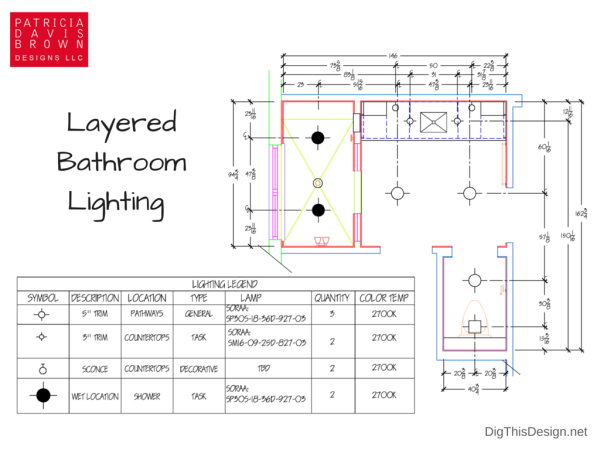 graphic of master bathroom lighting floor plan with legend showing layered general, task, decorative and shower lights