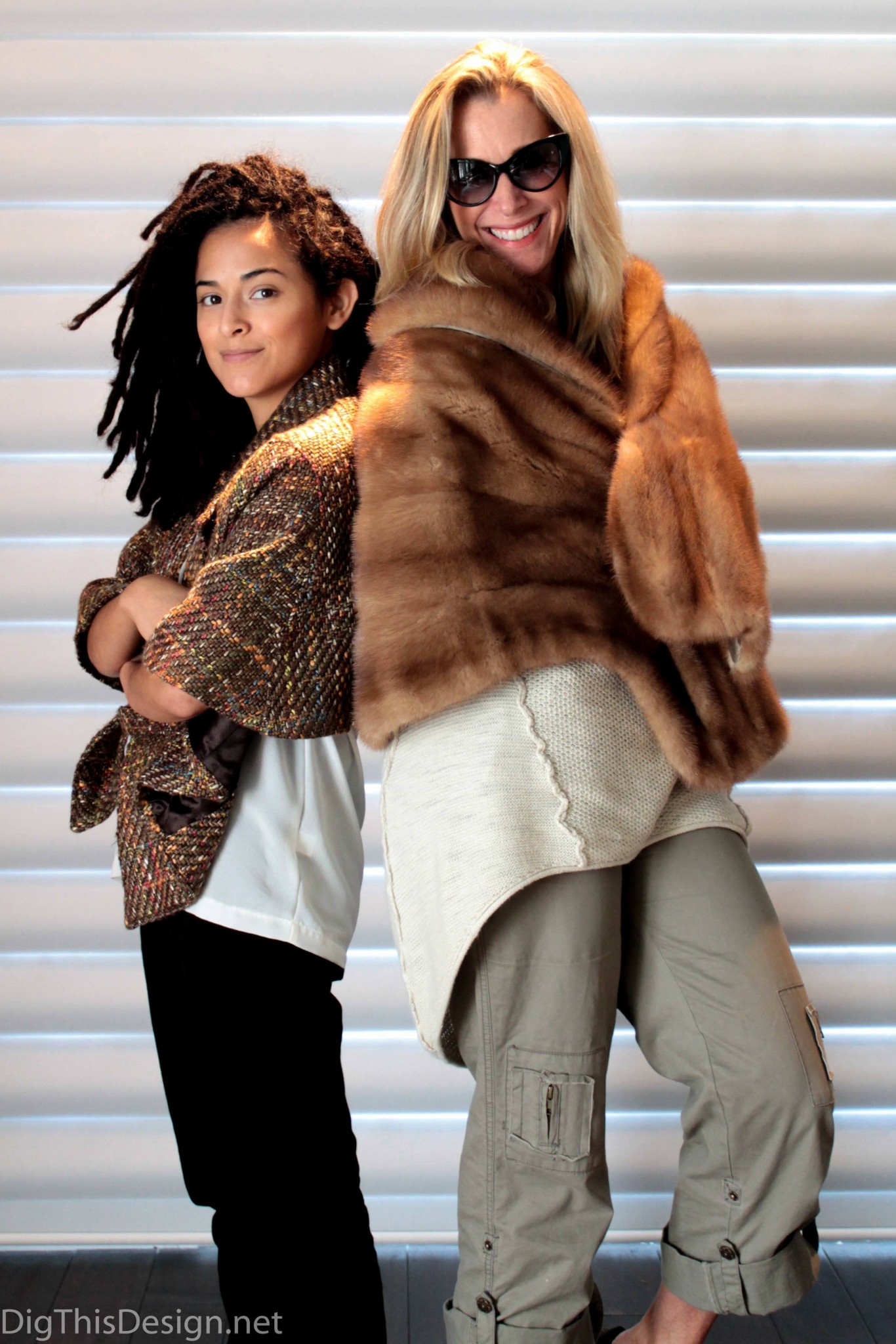 women wearing stoles. Mink fur stole and tweed stole