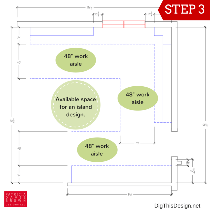 How to layout your kitchen space planning guide. Island work around aisle ADA space clearance.