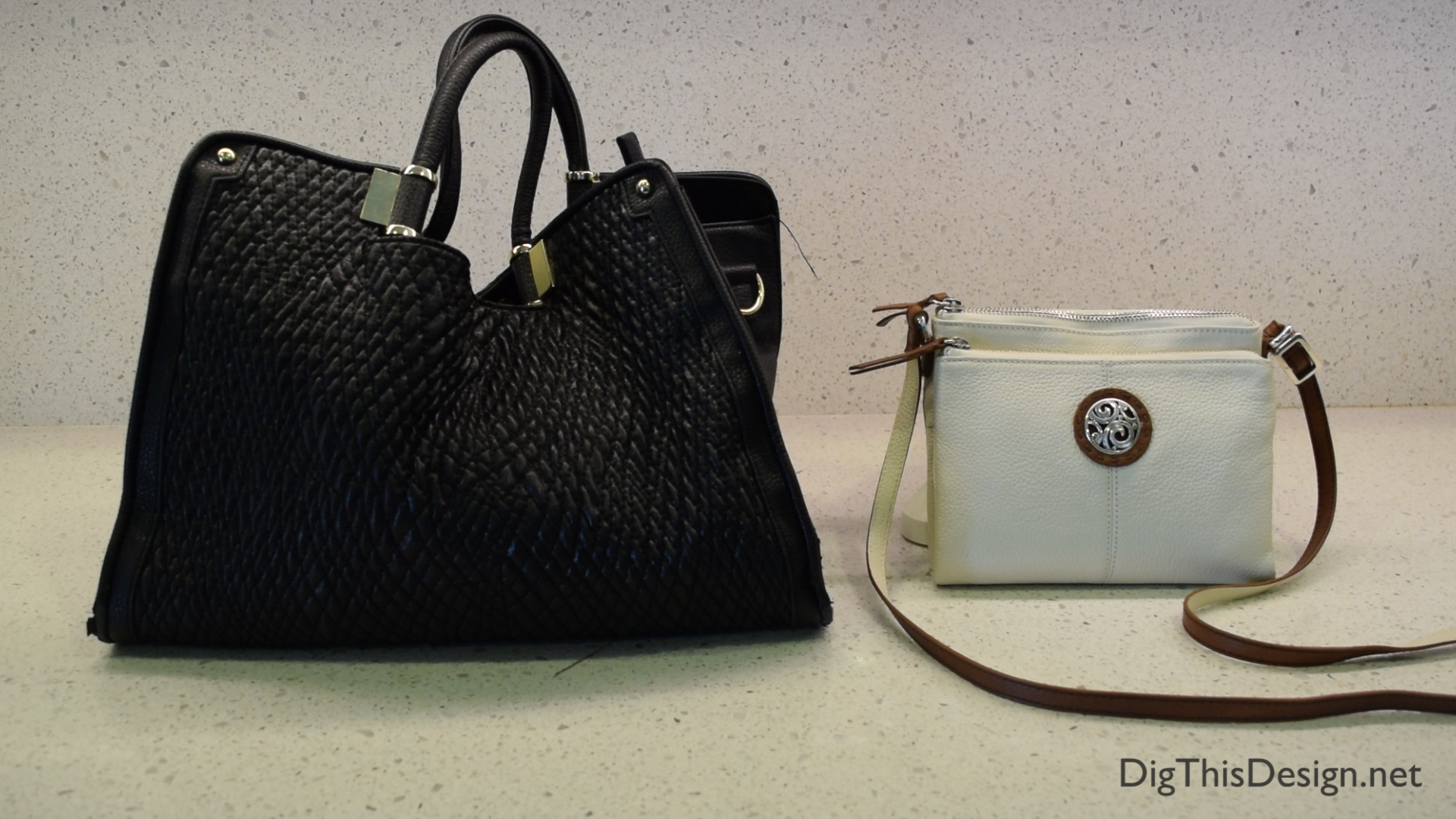 two handbags side by side comparing size after using the wocket smart wallet