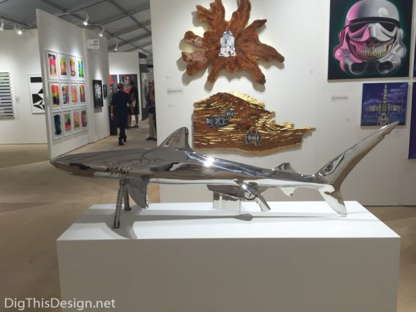 Contemporary art sculpture at Scope of Art Miami 2015 Tigershark polished stainless steel sculpture by Christopher Schulz