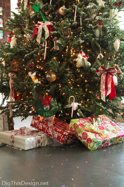 Christmas tree with ornaments and wrapped gifts