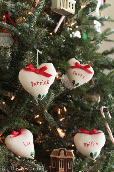 Tree with DIY family Christmas ornaments, heart pillow christmas decor with family member's names