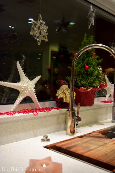 Florida coastal Christmas window sill decor with starfish and rosemary as pine tree