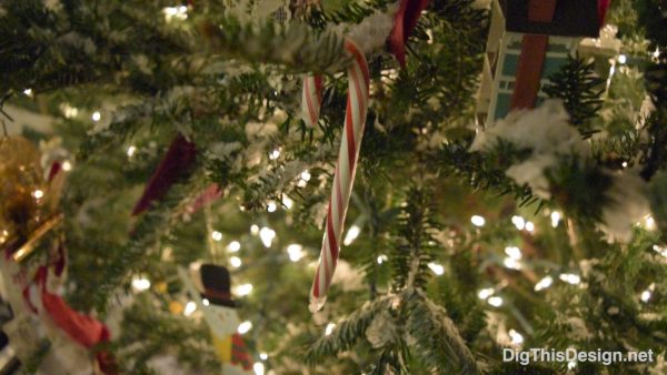 close up of candy cane and holiday decor on christmas tree