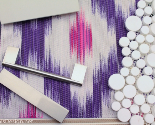 material palette purple and magenta fabric with white and stainless hard surfaces