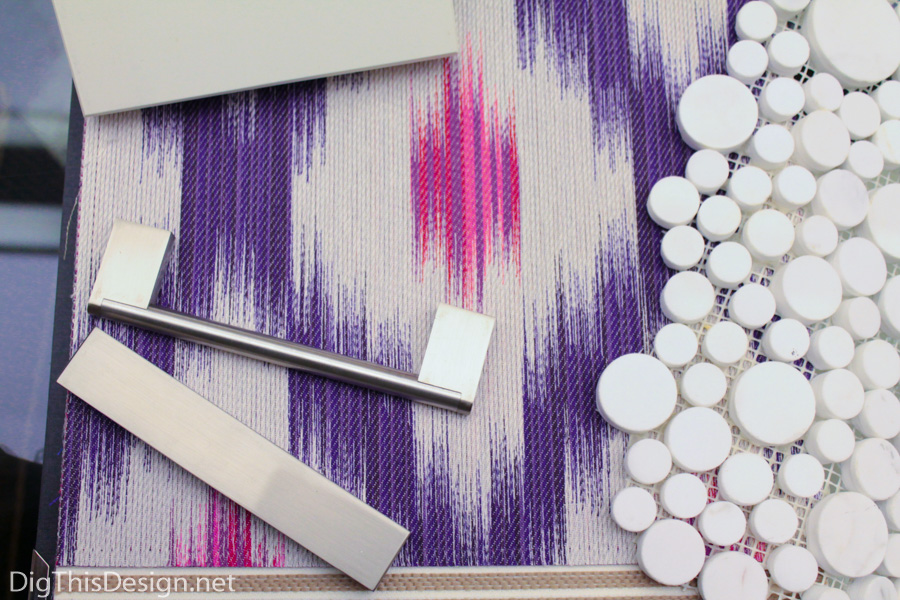 material palette purple and magenta fabric with white and stainless hard surfaces