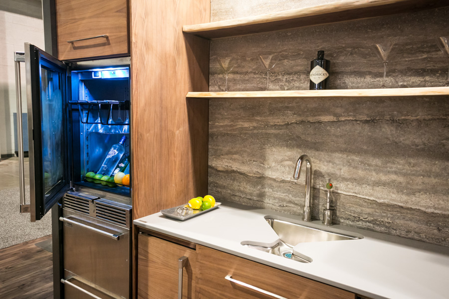 Martini sink with olive faucet handle, by Elkay. Vignette designed by Patricia Davis Brown for Perlick