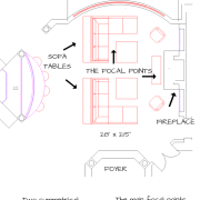 Furniture layout for large living room with two symmetrical seating groups for entertaining