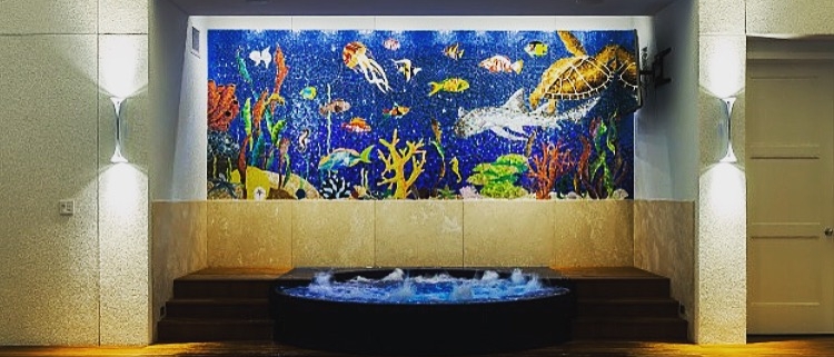 Indoor pool aquatic mosaic by tile art designer Allison Eden Studion