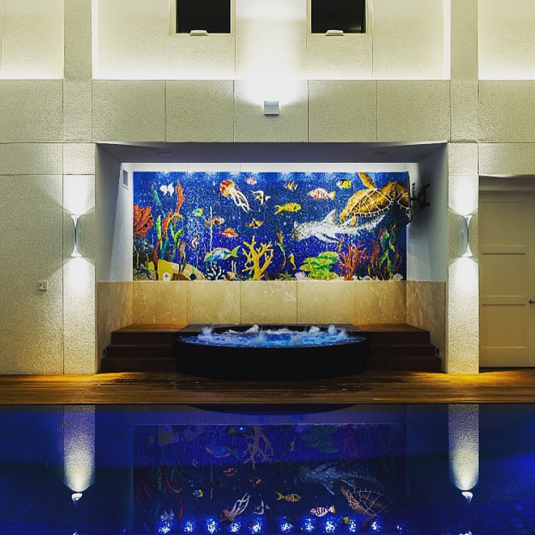 Indoor pool aquatic mosaic art by tile art designer Allison Eden Studion