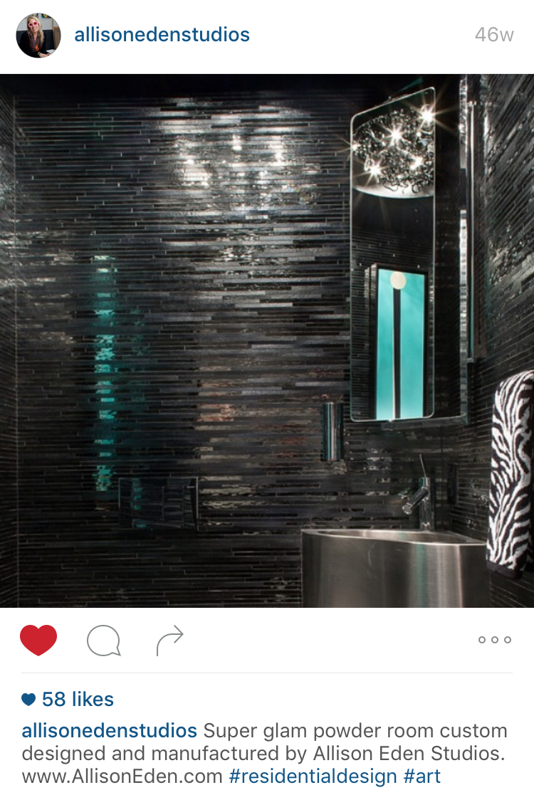 Dark glam powder room linear glass tile by Bathroom vanity full glass diamond shape tile backsplash by tile art designer Allison Eden