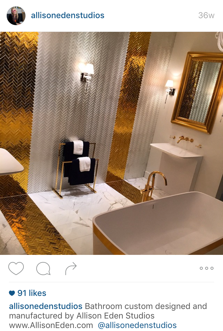 Gold and silver glam wall and floor tile backsplash by Tile art designer Allison Eden