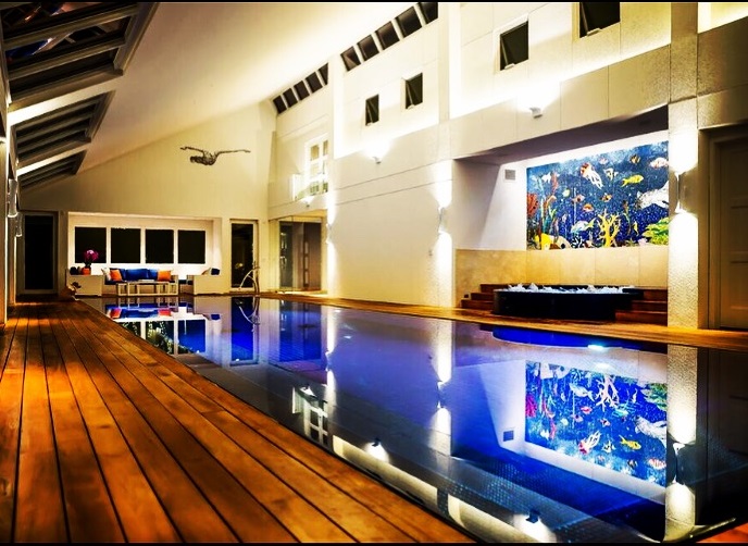 Indoor pool and aquatic mosaic by tile backsplash by Tile art designer Allison Eden