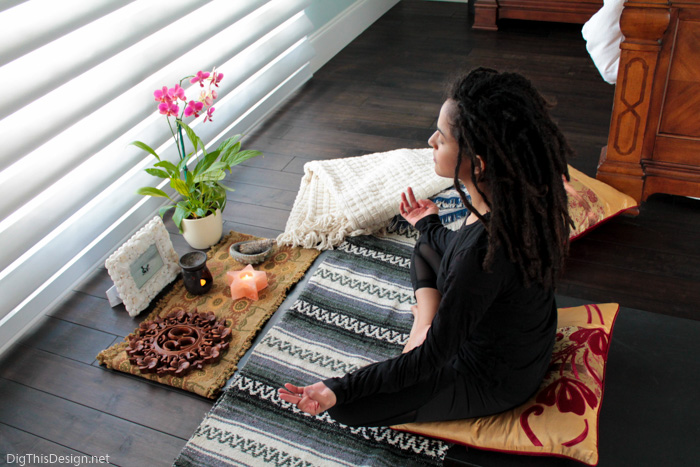 Items for a simple minimalist meditation space inside the home.