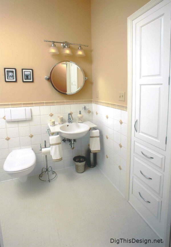 Universal bathroom design showing recessed storage and wall hung fixtures for complete accessibility.