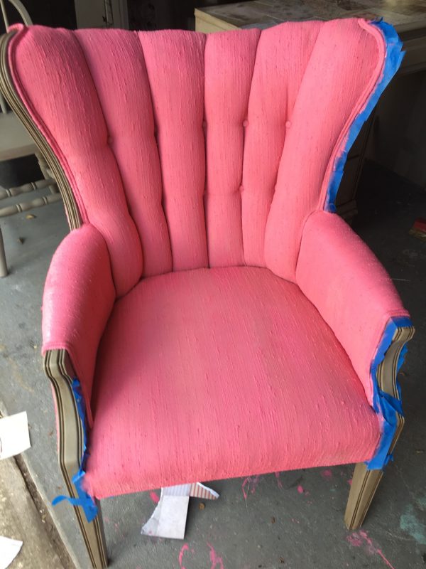 DIY, stages of painting fabric with chalk paint while refurbishing an old chair.