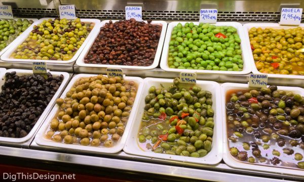 Spanish Olives on display at La Boqueria market in Barcelona.