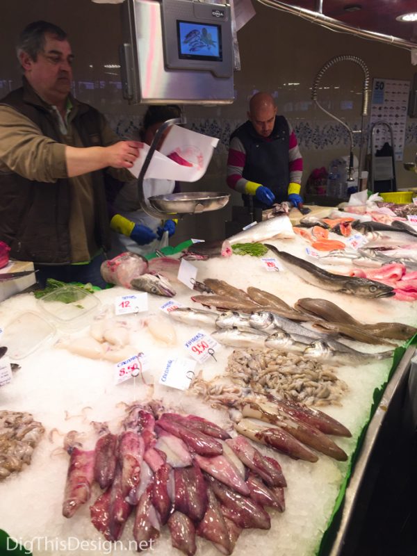 Seafood on display at the La Boqueria food market in Barcelona.