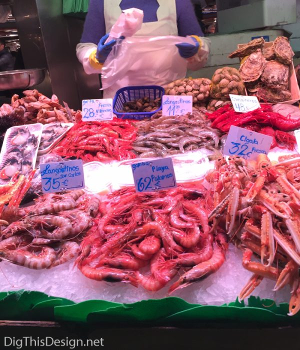 Seafood on display at the La Boqueria food market in Barcelona.