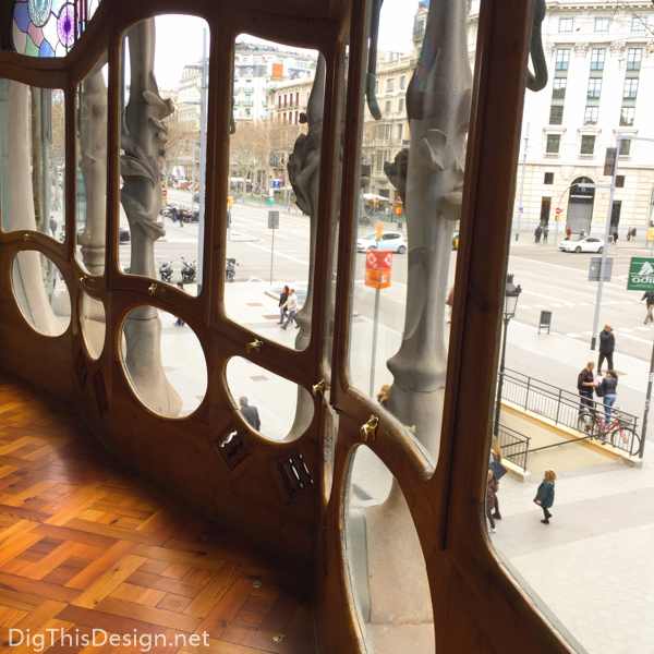 The view from the noble floor of the Casa Batilló, designed by Antoni Gaudi, located in Barcelona, Spain.