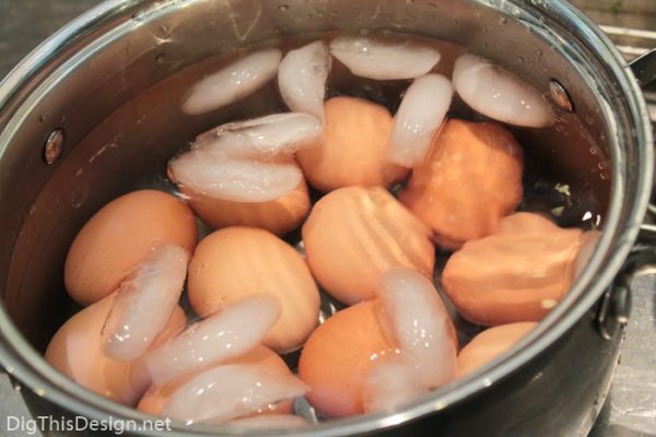 Giving boiled eggs an ice bath to make peeling shells easier.