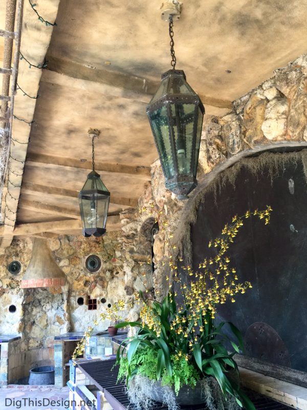 Wrought iron chandeliers in Spanish kitchen at McKee Botanical Garden.