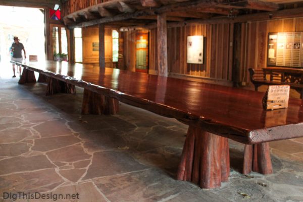 The larges mahogany table in the world, located in the Hall of Giants at McKee Botanical Garden.