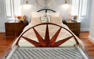 Plantation shutters in a bedroom.