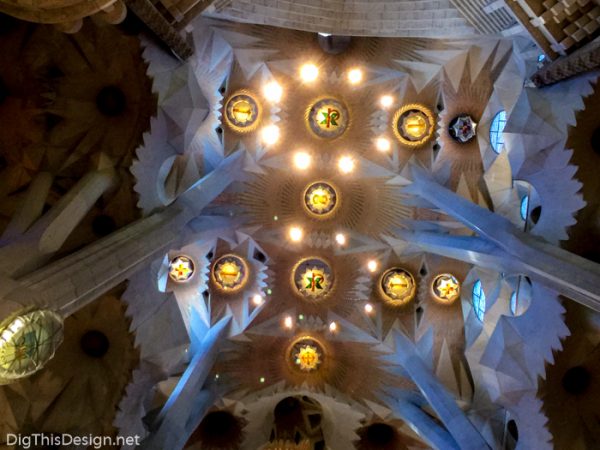 An architectural view of the ceiling in La Sagrad Familia