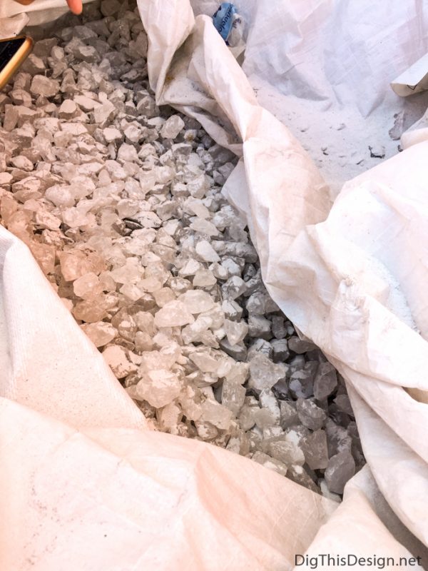 Bags of crystal quartz used to make quartz countertops