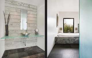 Quezad Architecture, the Lovell bath showing a concrete, wood looking wall.