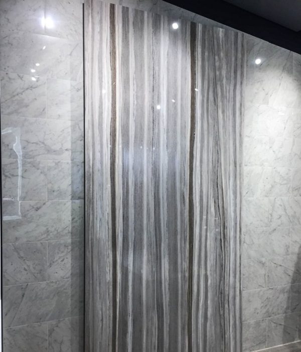 Coverings 2017 - Horizontal cut stone is available in porcelain by digital imagery.