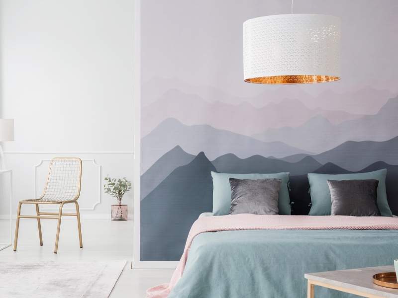 Mural themes of calm and misty mountains.