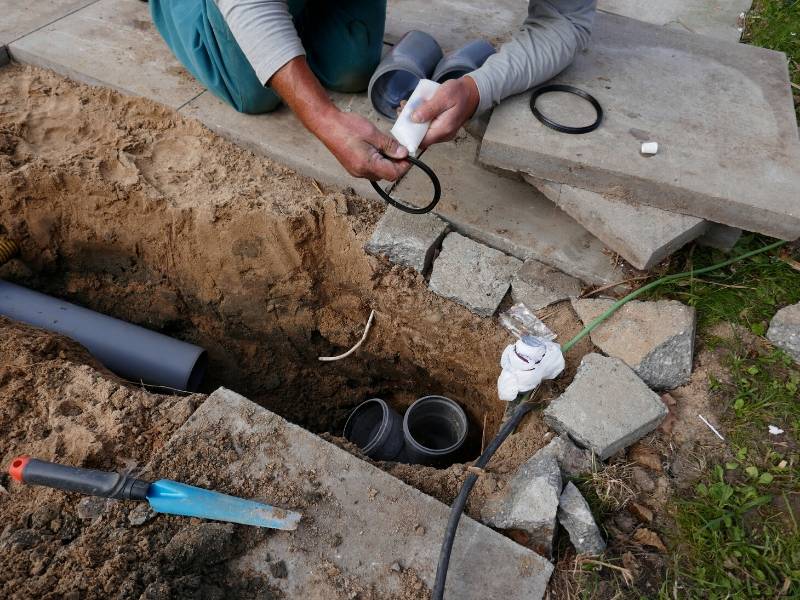 Laying down sewer pipe