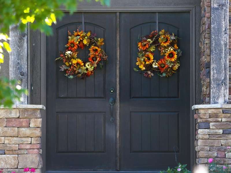 Color Autumn Sunflower Wreath on a Black Door