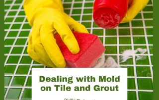 Mold on Tile and Grout - scrubbing a green tile counter in yellow gloves and red sponge.