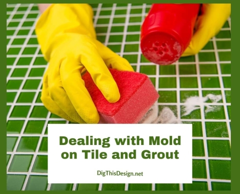 Mold on Tile and Grout - scrubbing a green tile counter in yellow gloves and red sponge.