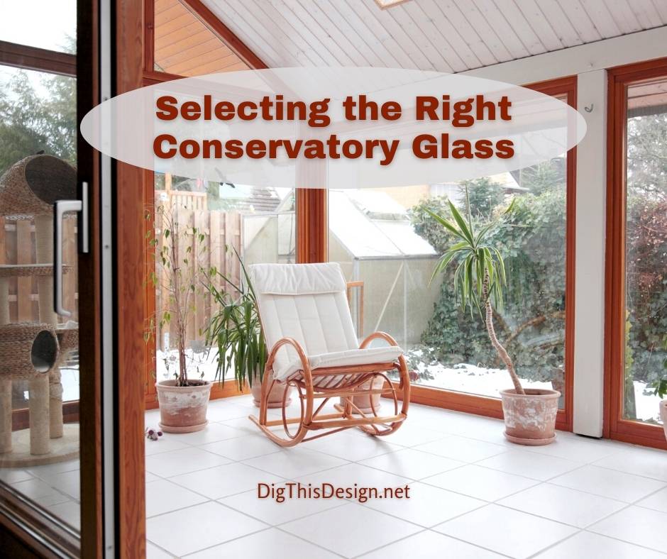 Selecting the Right Conservatory Glass - image of conservatory with glass walls, white floors, and a bentwood rocker.