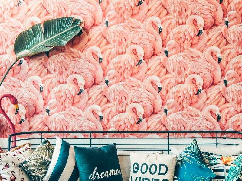 Summer 2021 Top Trending Wallpaper for Home Decor - Pink flamingos bright pattern wallpaper.