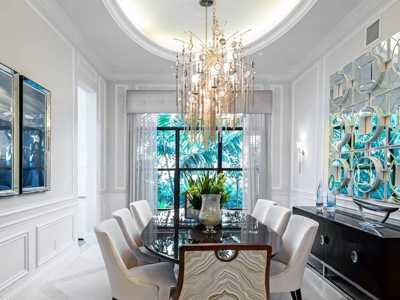 Beautiful modern style chandelier over dining room table.