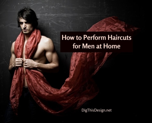 How to perform haircuts for men at home - man with medium length black hair standing against black background with a flowing red scarf billowing outward.