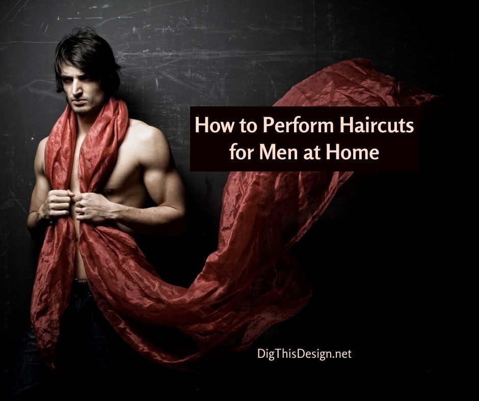 How to perform haircuts for men at home - man with medium length black hair standing against black background with a flowing red scarf billowing outward.